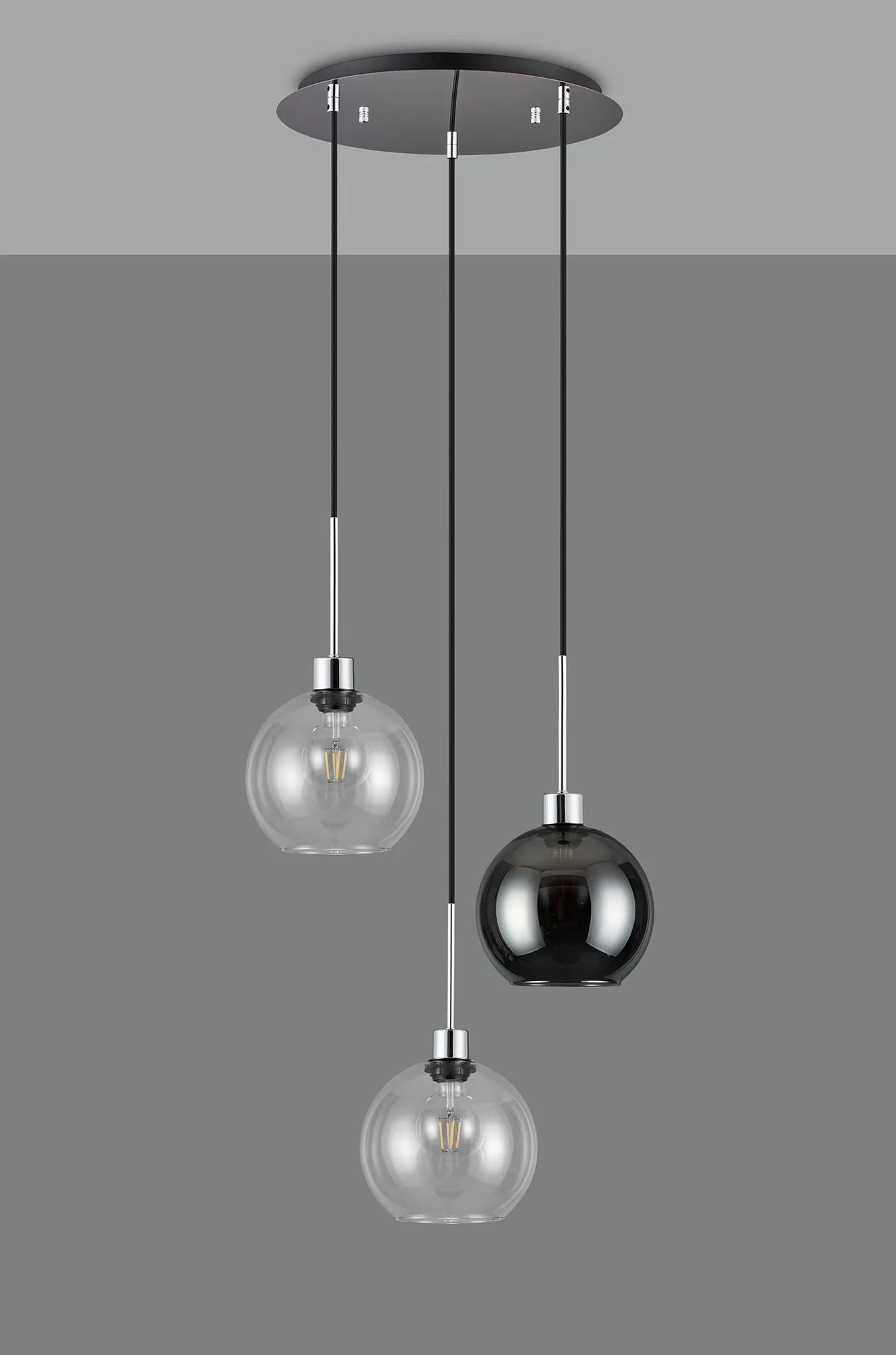 Lori 40cm Round Pendant, 3 Light Adjustable E27, Polished Chrome/Clear/Smoke Open Mouth Round Globe Shades DK1274  Deco Lori Polished Chrome